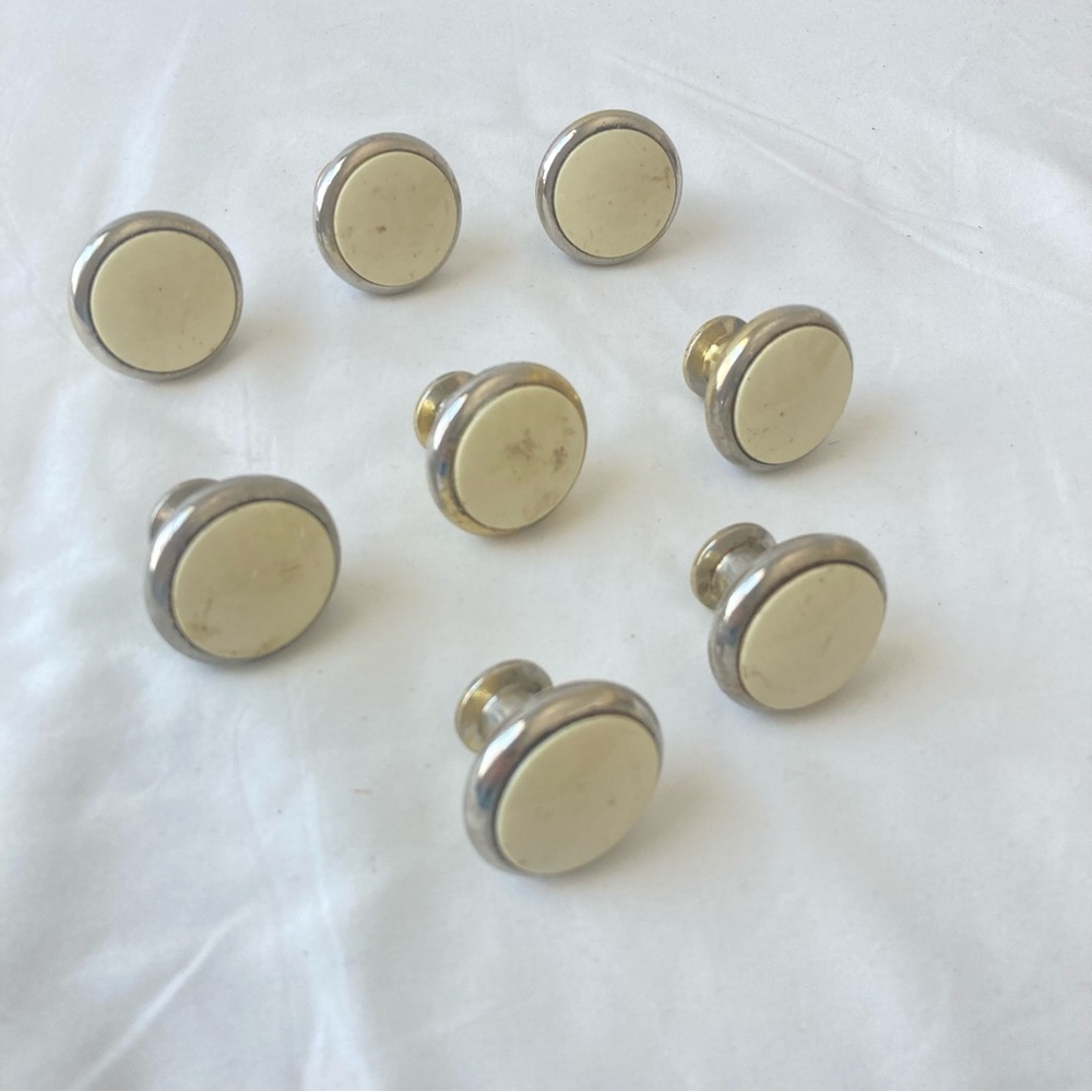 Vintage Brass Knobs Ceramic Center Replacement Cabinet Drawer Pulls Set Of 8